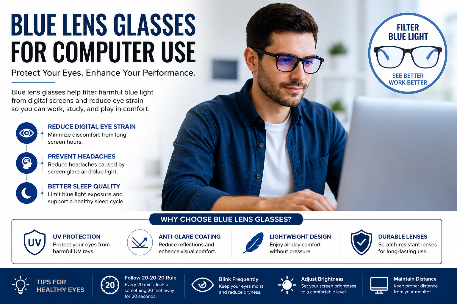 Blue lens Glasses for Computer use