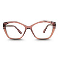Cat-eye glasses with a brown and black striped frame on a white background