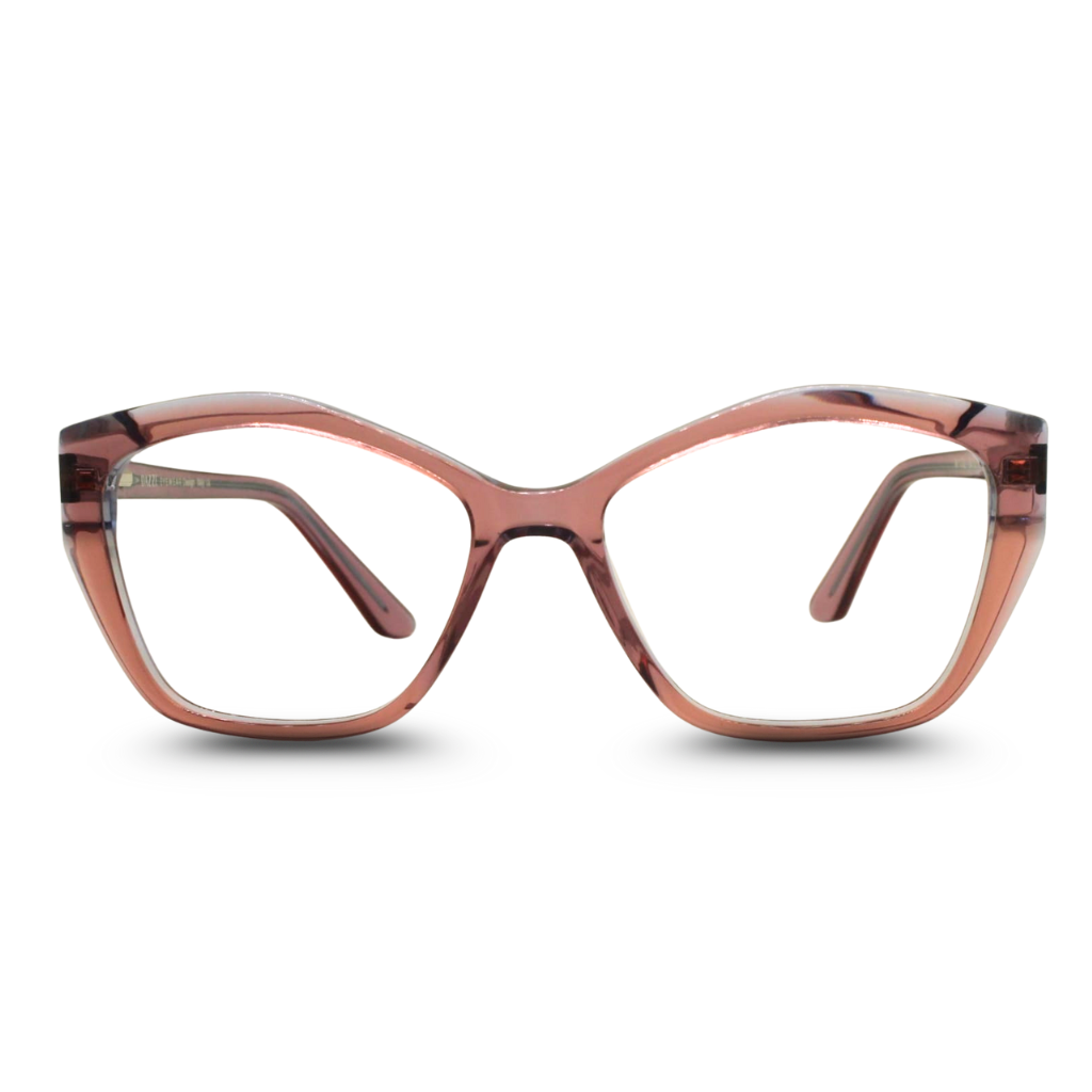 Cat-eye glasses with a brown and black striped frame on a white background