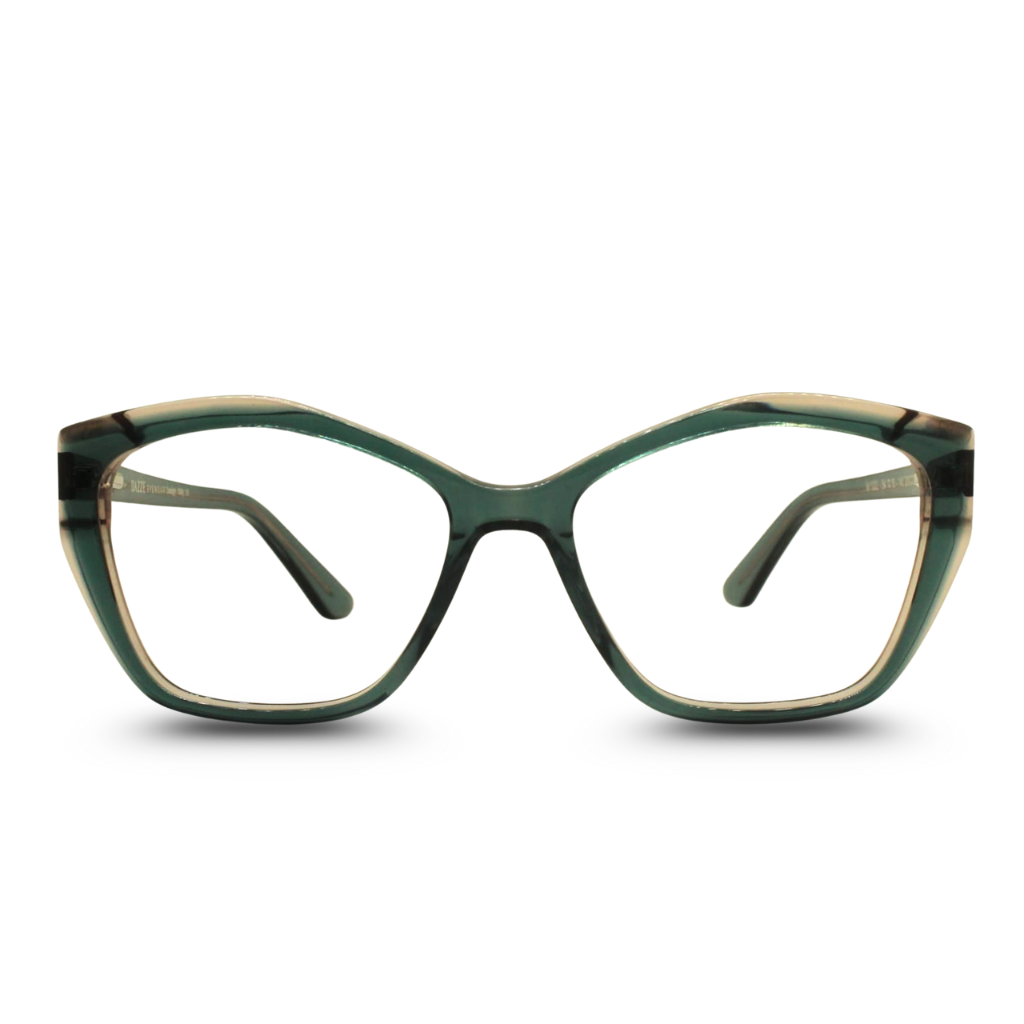 Green cat-eye glasses on a white background