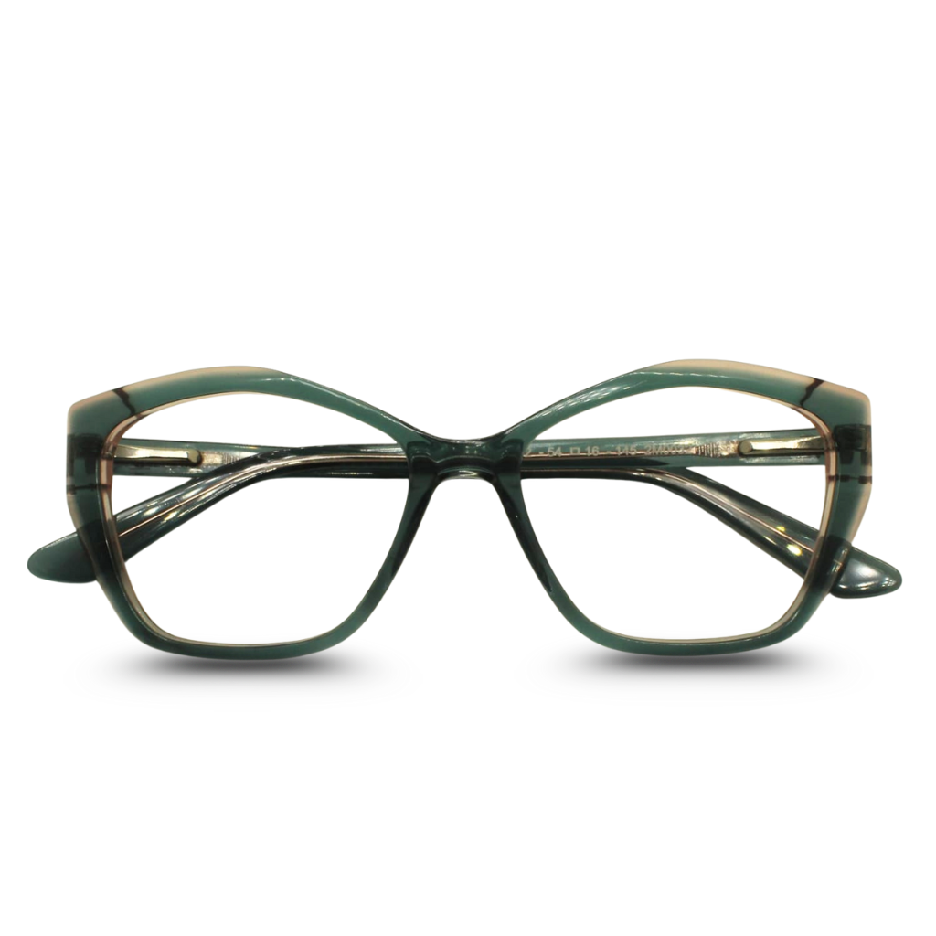 Green cat-eye glasses on a white background