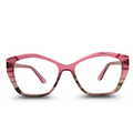Pink and brown cat-eye glasses on a white background