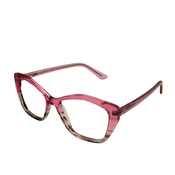 Pink and brown cat-eye glasses on a white background