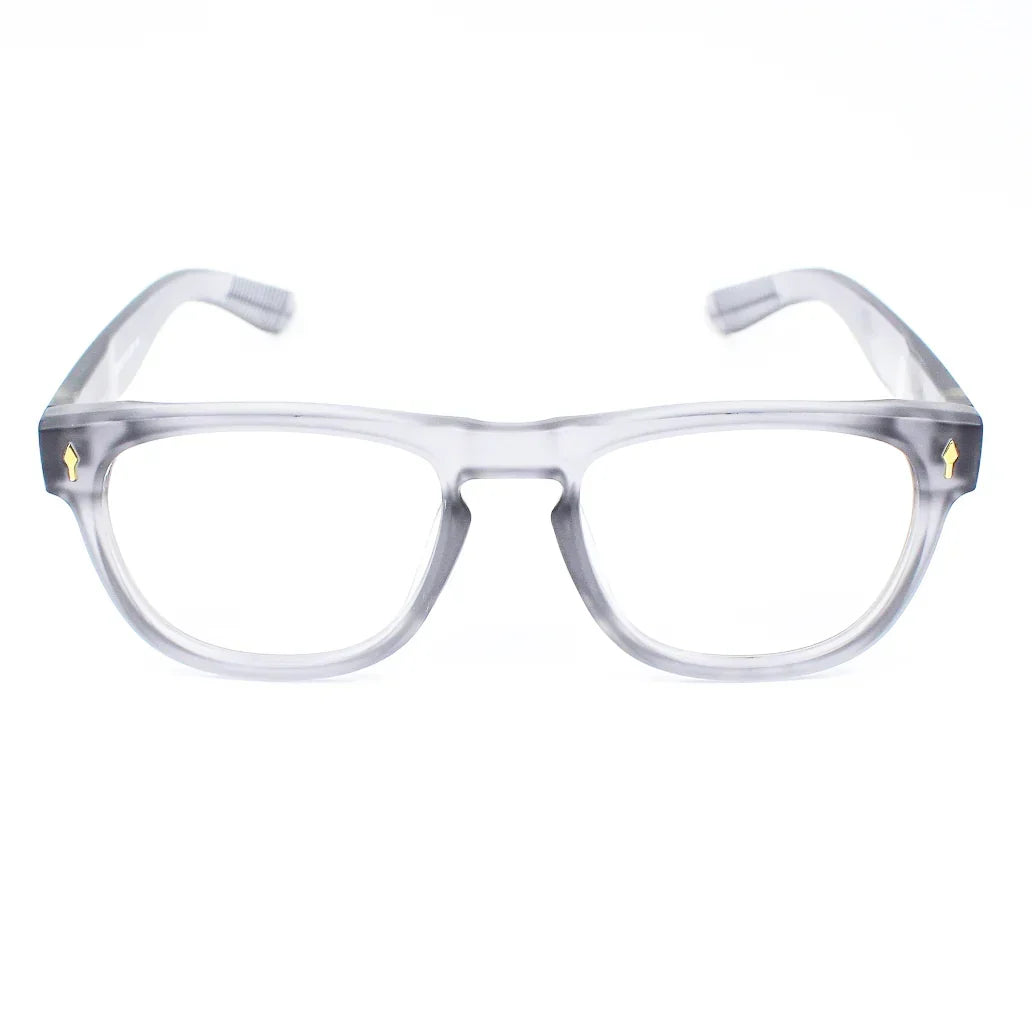 Transparent gray square eyeglasses with gold arrow details, front view on white background