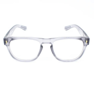 Transparent gray square eyeglasses with gold arrow details, front view on white background