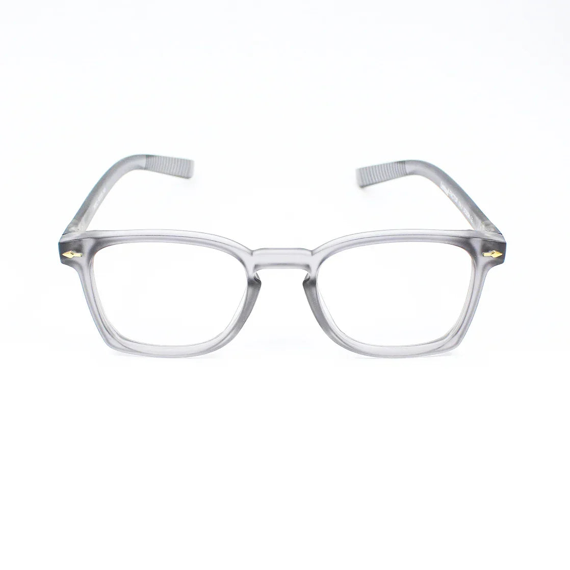 Clear gray square eyeglasses with thick acetate frame on white background
