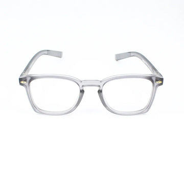 Clear gray square eyeglasses with thick acetate frame on white background