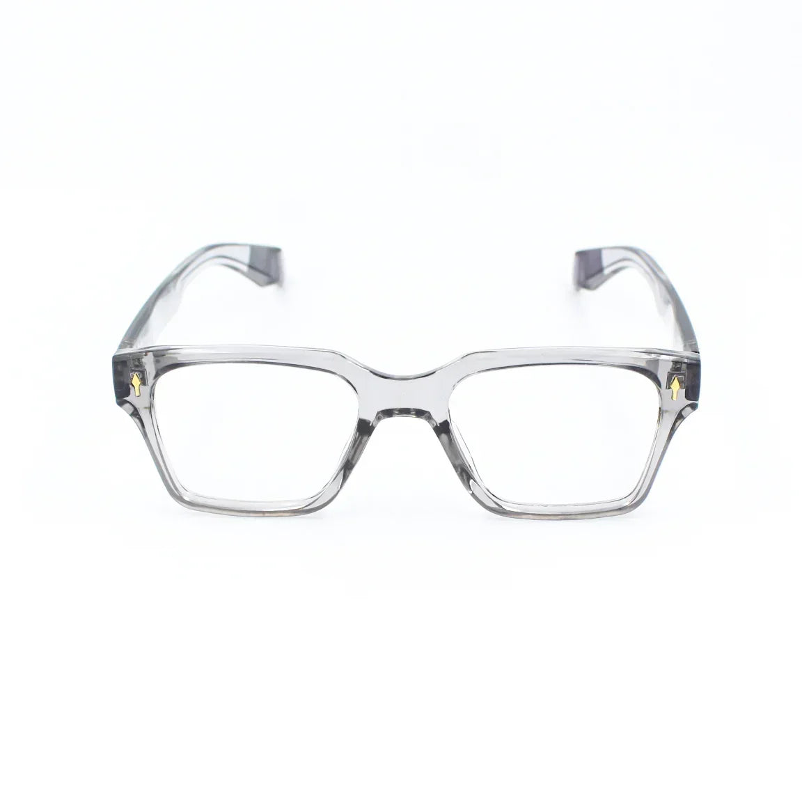 Clear rectangular eyeglasses with transparent frame on white background
