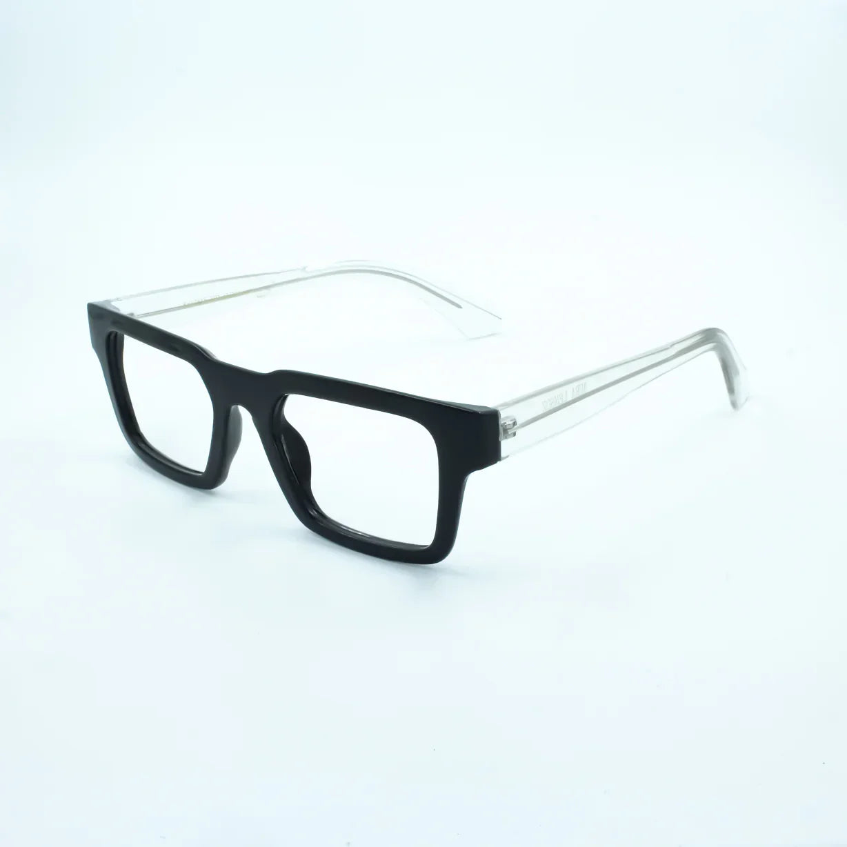 Square black and clear eyeglasses on white background, modern acetate frame