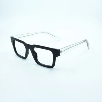 Square black and clear eyeglasses on white background, modern acetate frame