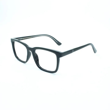 Black rectangular eyeglasses with thick frame on white background