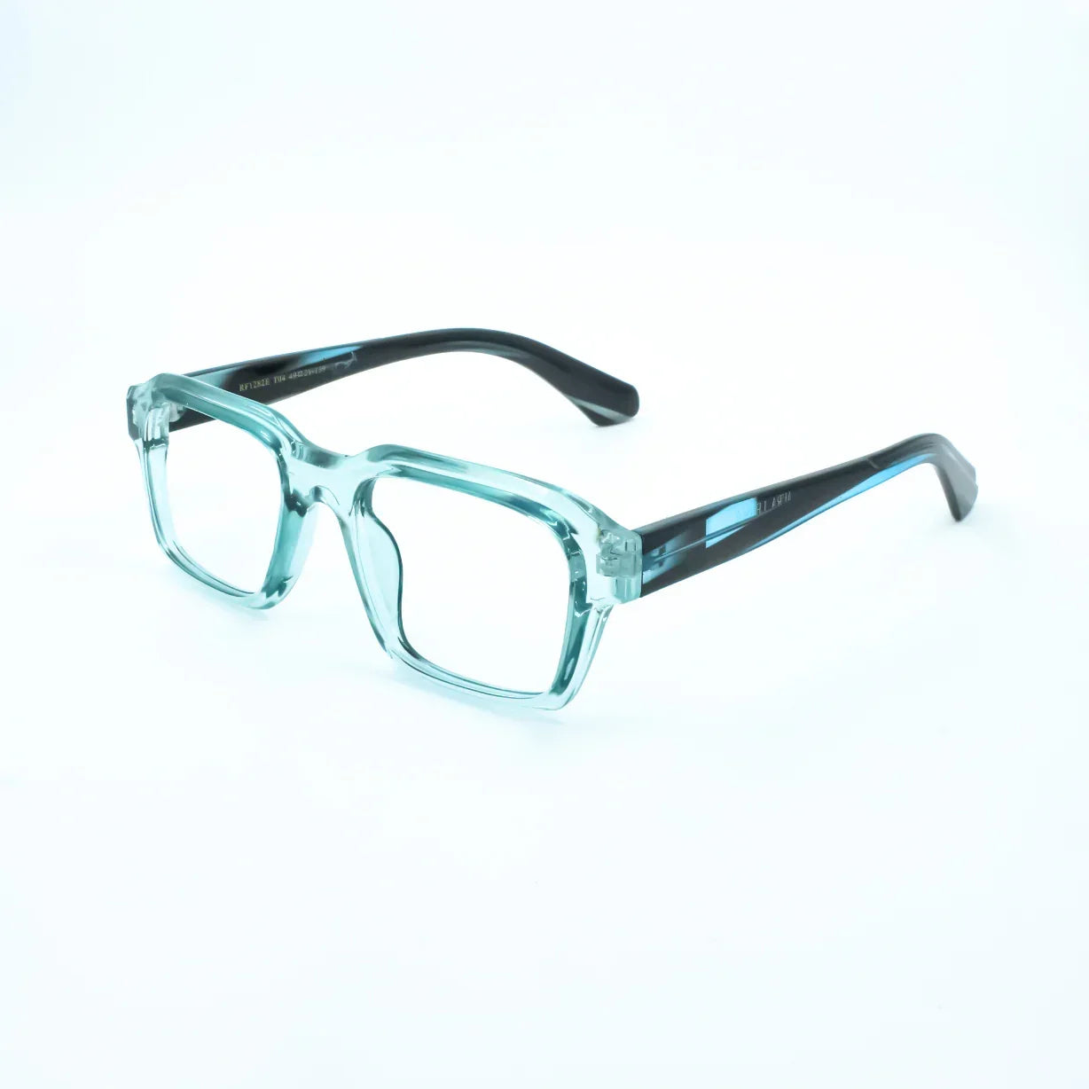 Blue square acetate eyeglasses with thick frames on a white background