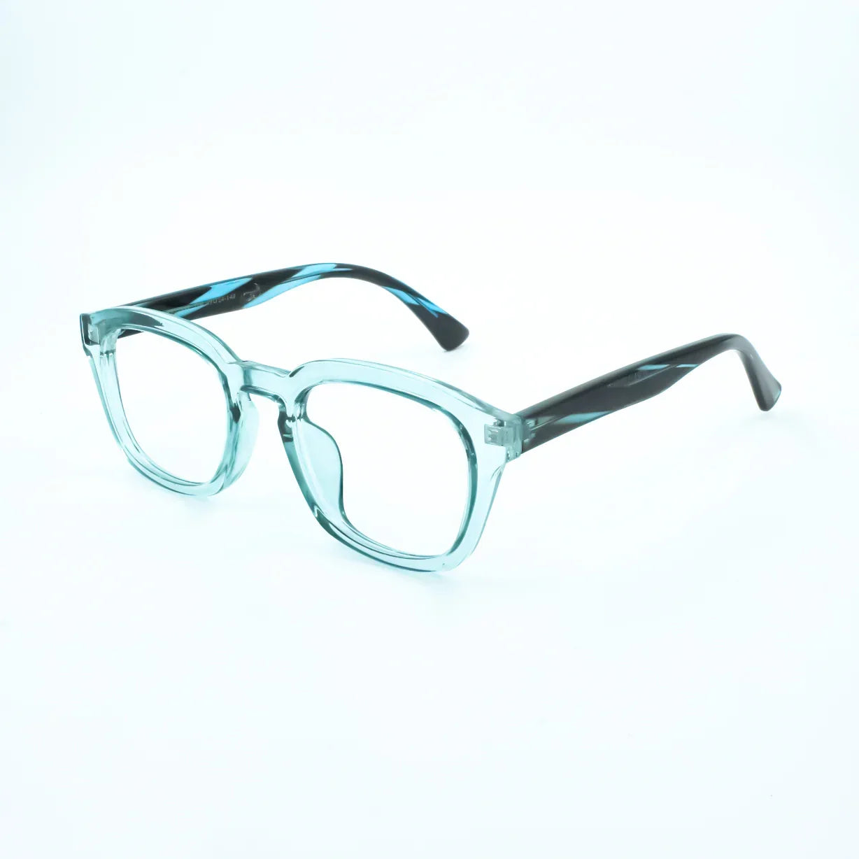 Clear blue square eyeglasses with black temples on white background
