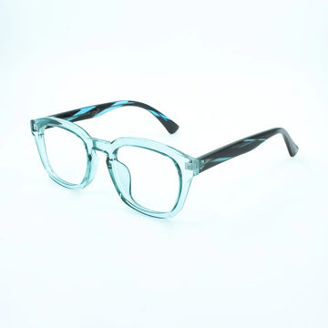 Clear blue square eyeglasses with black temples on white background