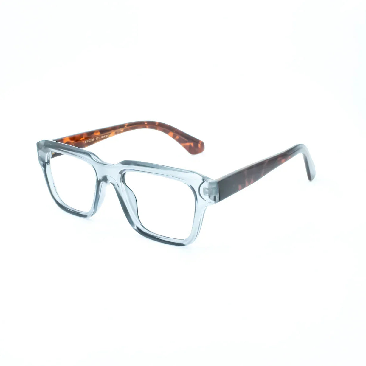 Clear square eyeglasses with tortoiseshell arms on white background