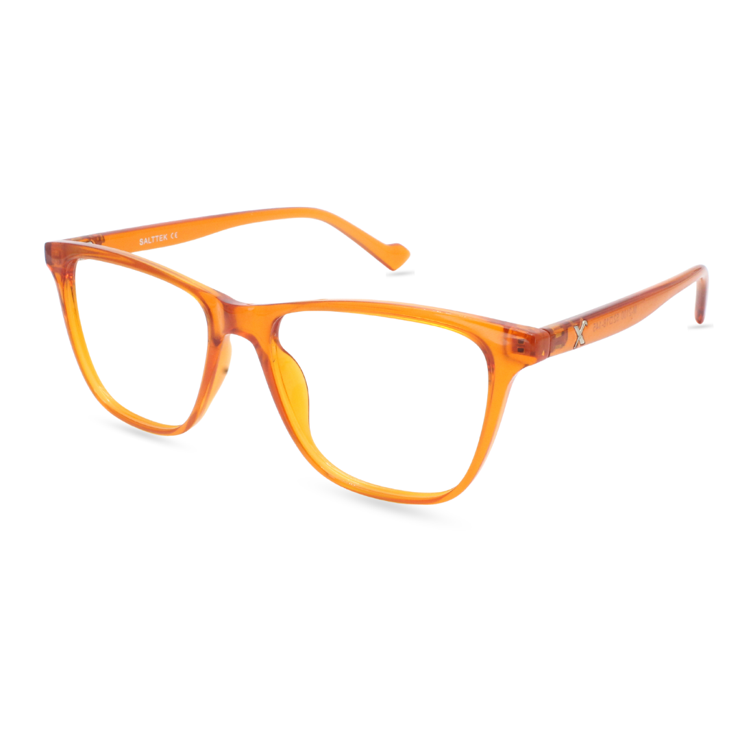 A pair of yellow Lensoz Aura Salttek Wayfarer 5 eyeglasses with a plastic frame.