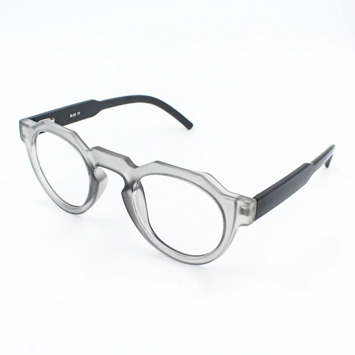 Clear thick-rimmed round eyeglasses with black temples on white background