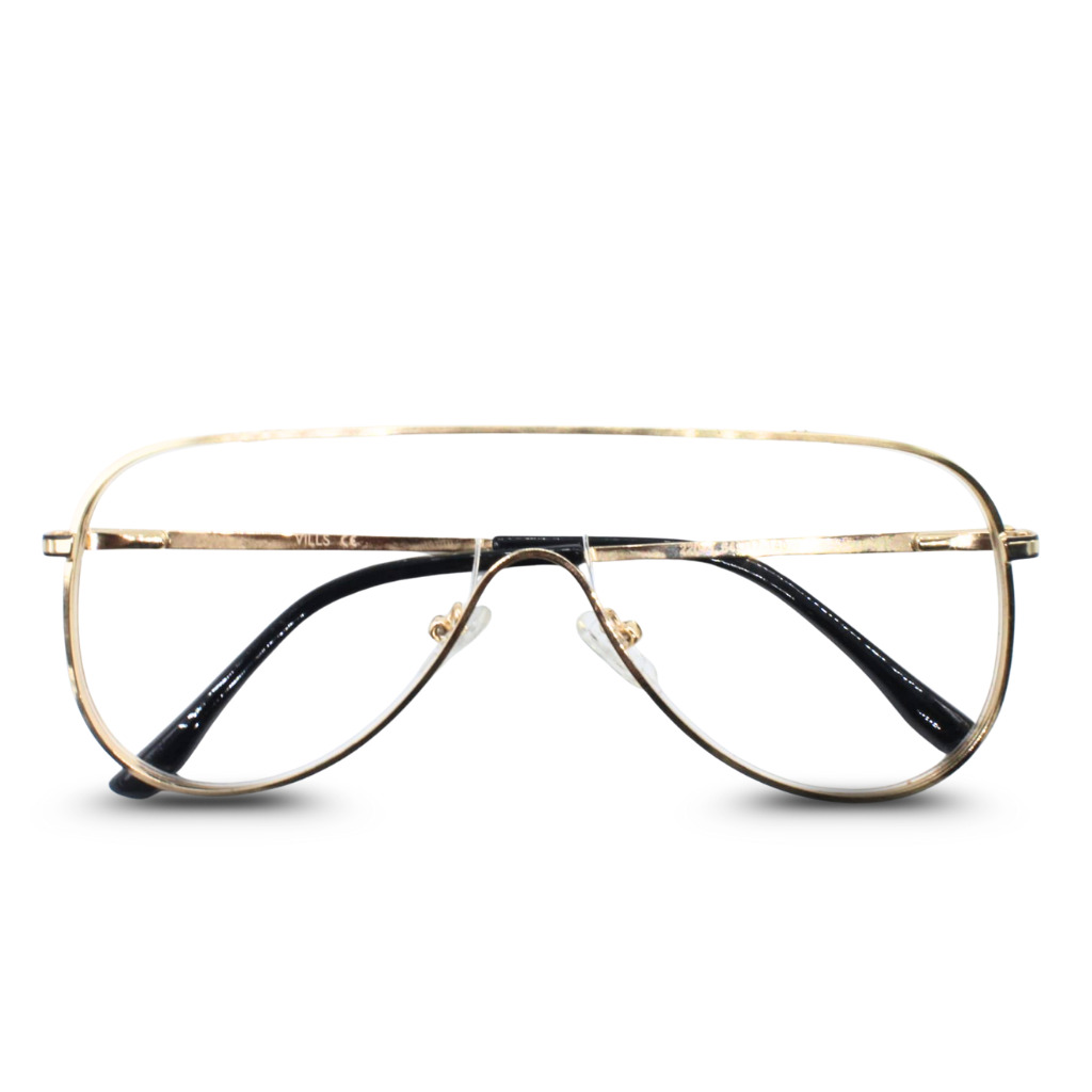 Gold-framed eyeglasses on a white background