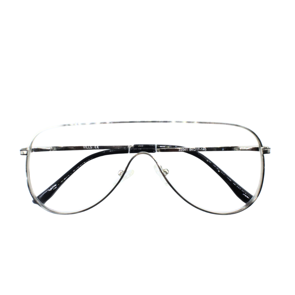 Eyeglasses with a silver frame on a white background