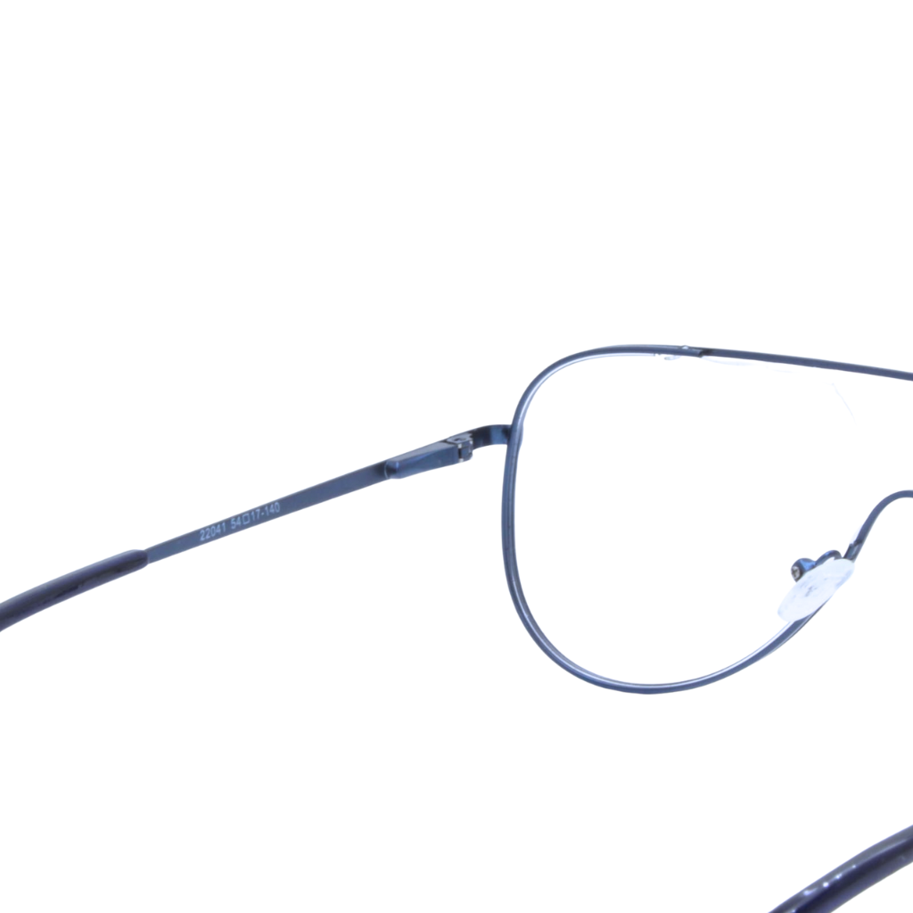 Close-up of a blue eyeglasses frame on a white background