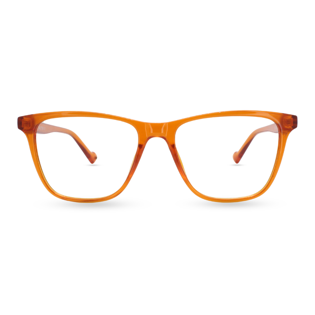A pair of yellow Lensoz Aura Salttek Wayfarer 5 eyeglasses with a plastic frame.