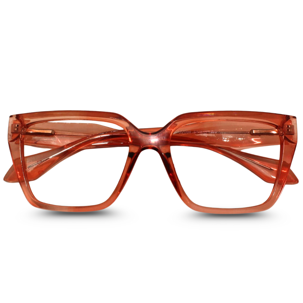 Red-orange eyeglasses on a white background