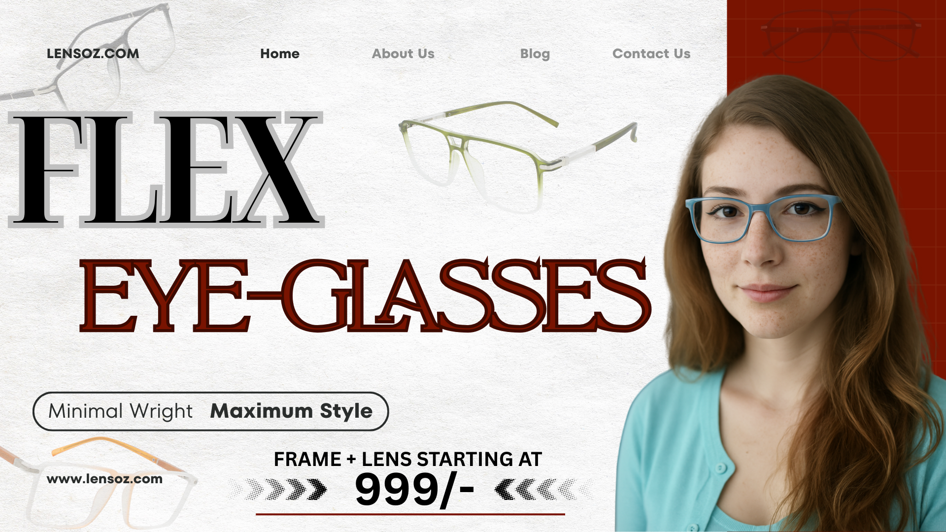 Advertisement for Flex Eye-Glasses with a woman wearing glasses and text about pricing.