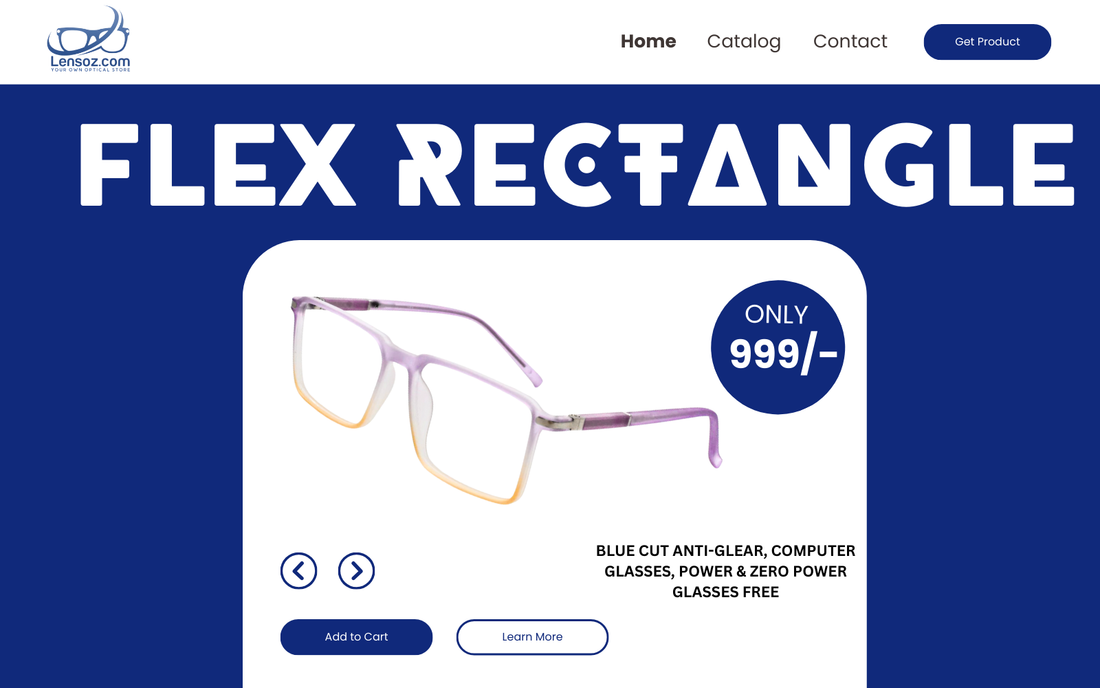 Glasses with promotional text on a blue background