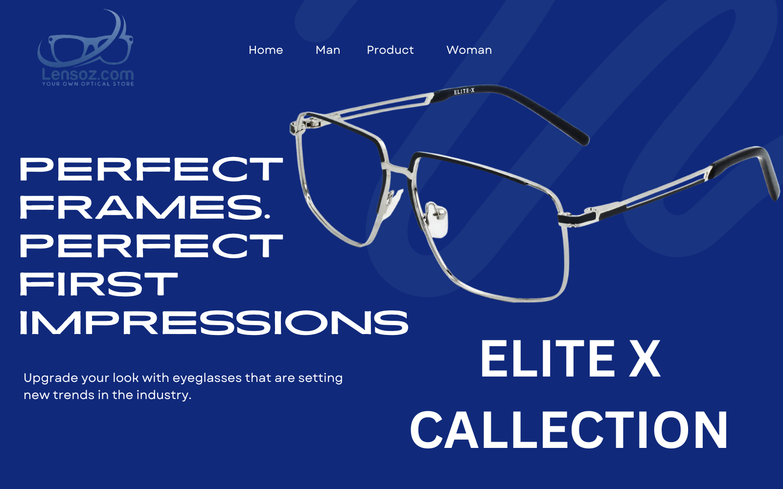 Eyeglasses with promotional text on a blue background