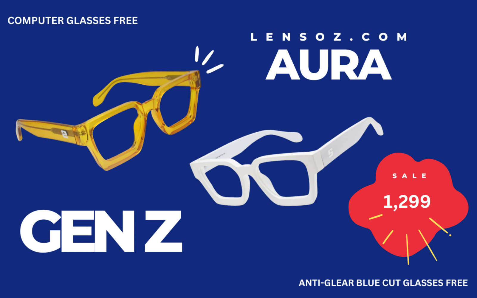 Promotional graphic for Lensoz Aura glasses with yellow and white frames on a blue background.