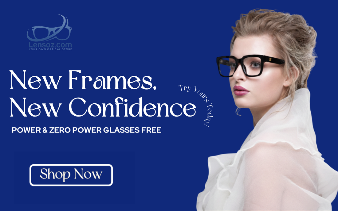 Advertisement for Leneoz eyeglasses with a woman wearing glasses on a blue background